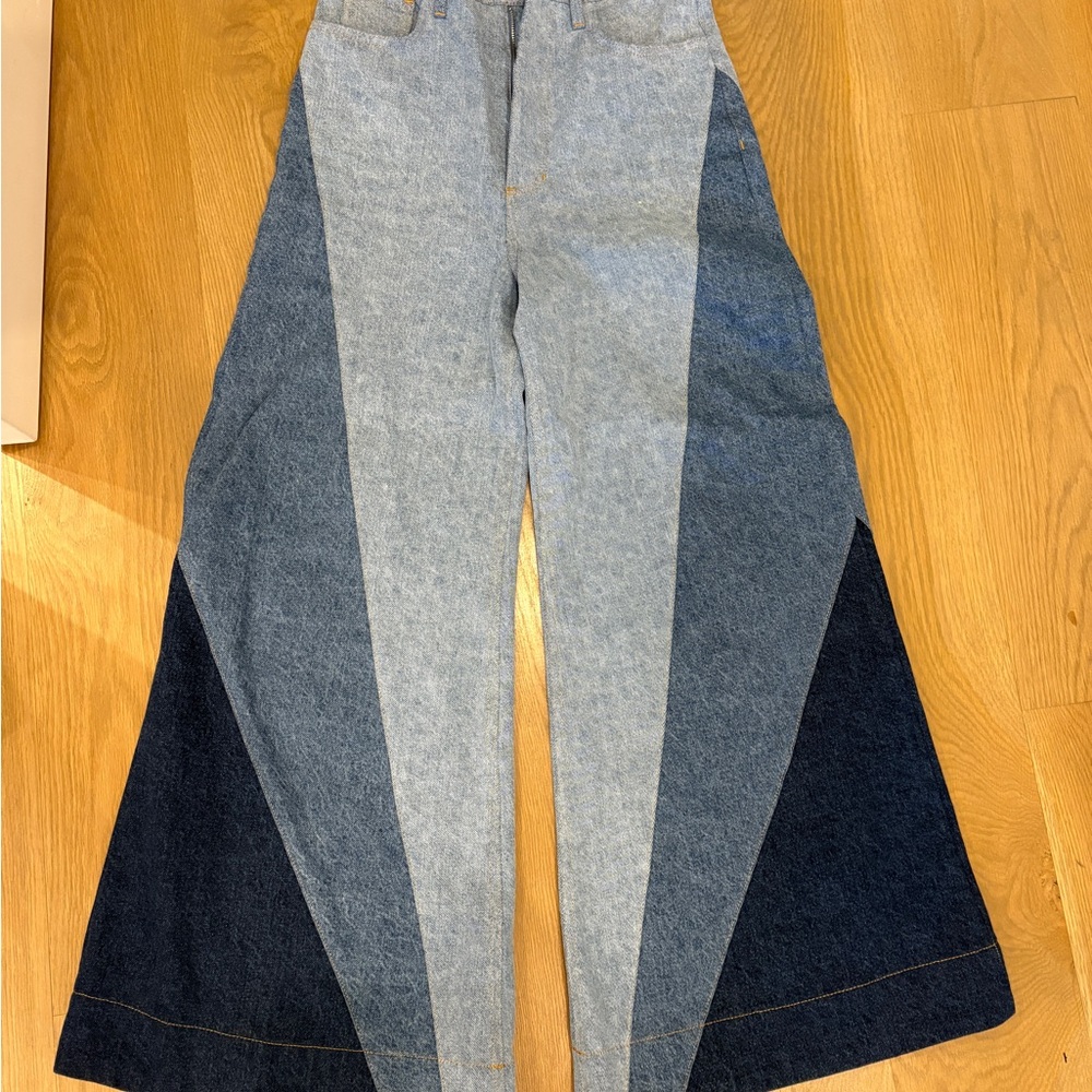 FARM Rio Colorblock Wide-Leg Flare Jeans in Light & Dark Denim